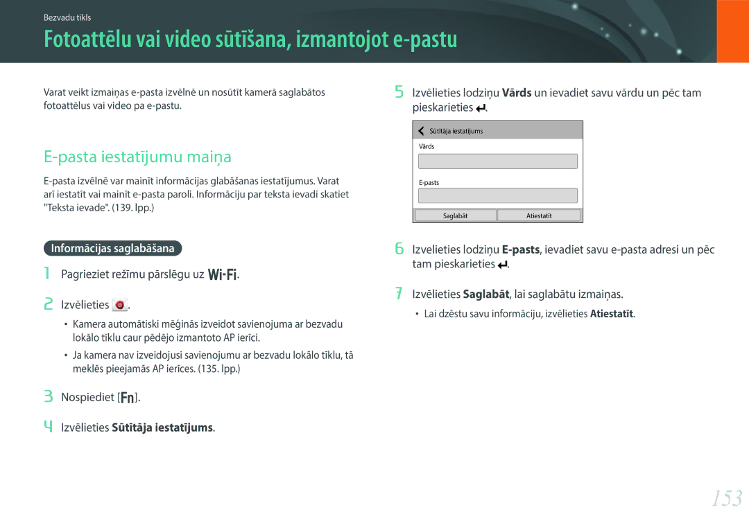 Samsung EV-NX30ZZBGBLV manual Fotoattēlu vai video sūtīšana, izmantojot e-pastu, 153, Pasta iestatījumu maiņa 