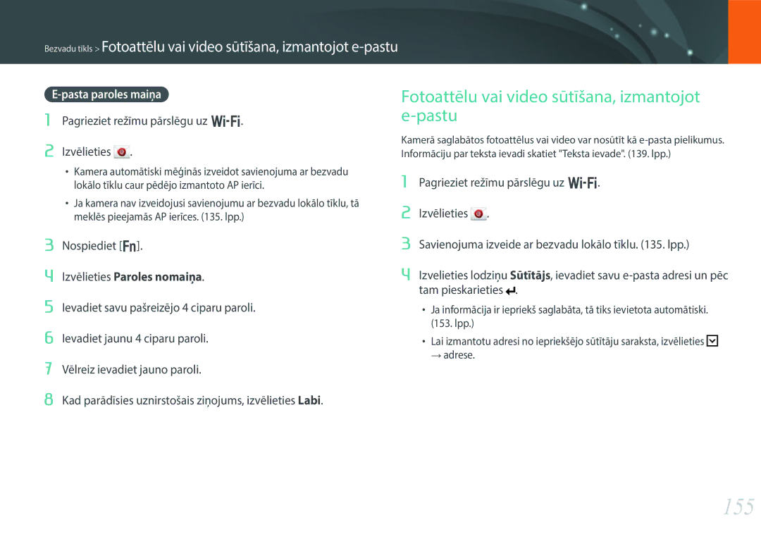 Samsung EV-NX30ZZBGBLV manual 155, Fotoattēlu vai video sūtīšana, izmantojot e-pastu, Pasta paroles maiņa 