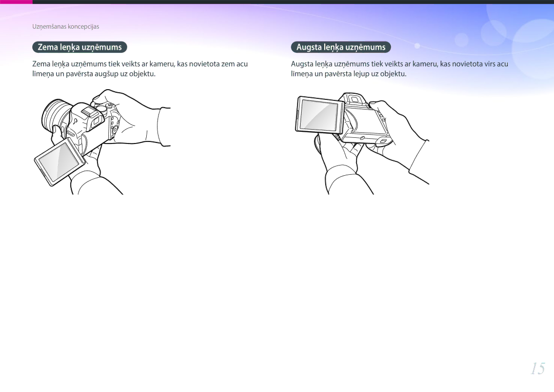 Samsung EV-NX30ZZBGBLV manual Zema leņķa uzņēmums Augsta leņķa uzņēmums 