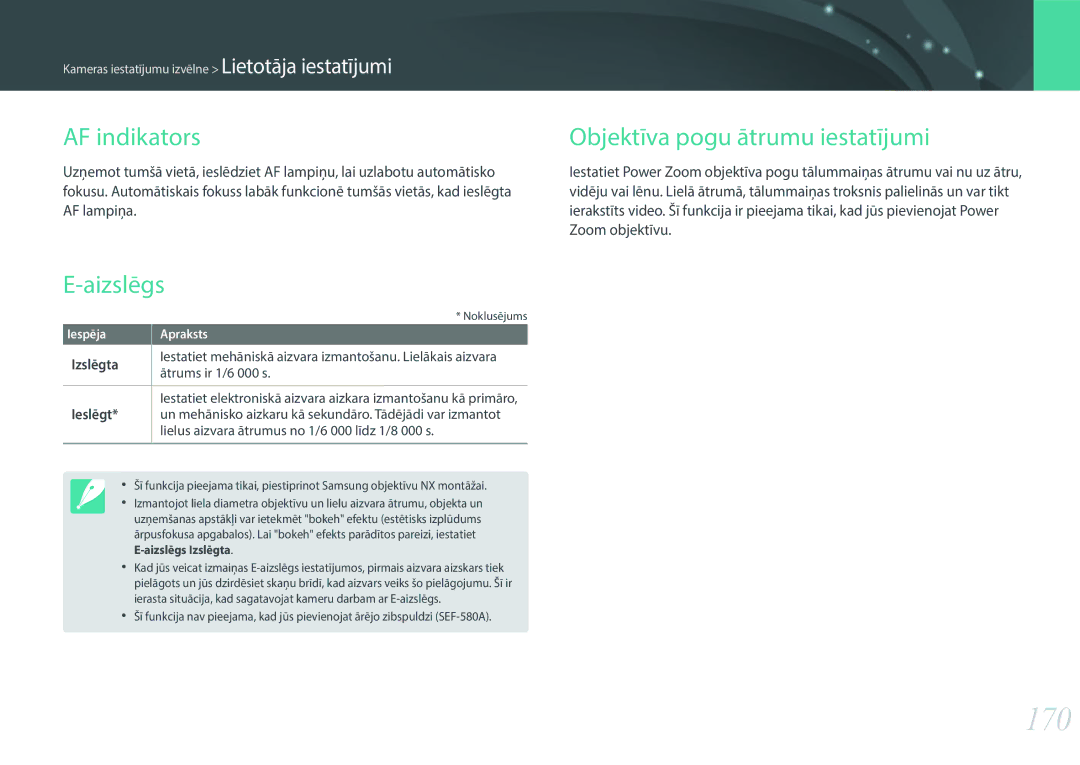 Samsung EV-NX30ZZBGBLV manual 170, AF indikators, Aizslēgs, Objektīva pogu ātrumu iestatījumi 