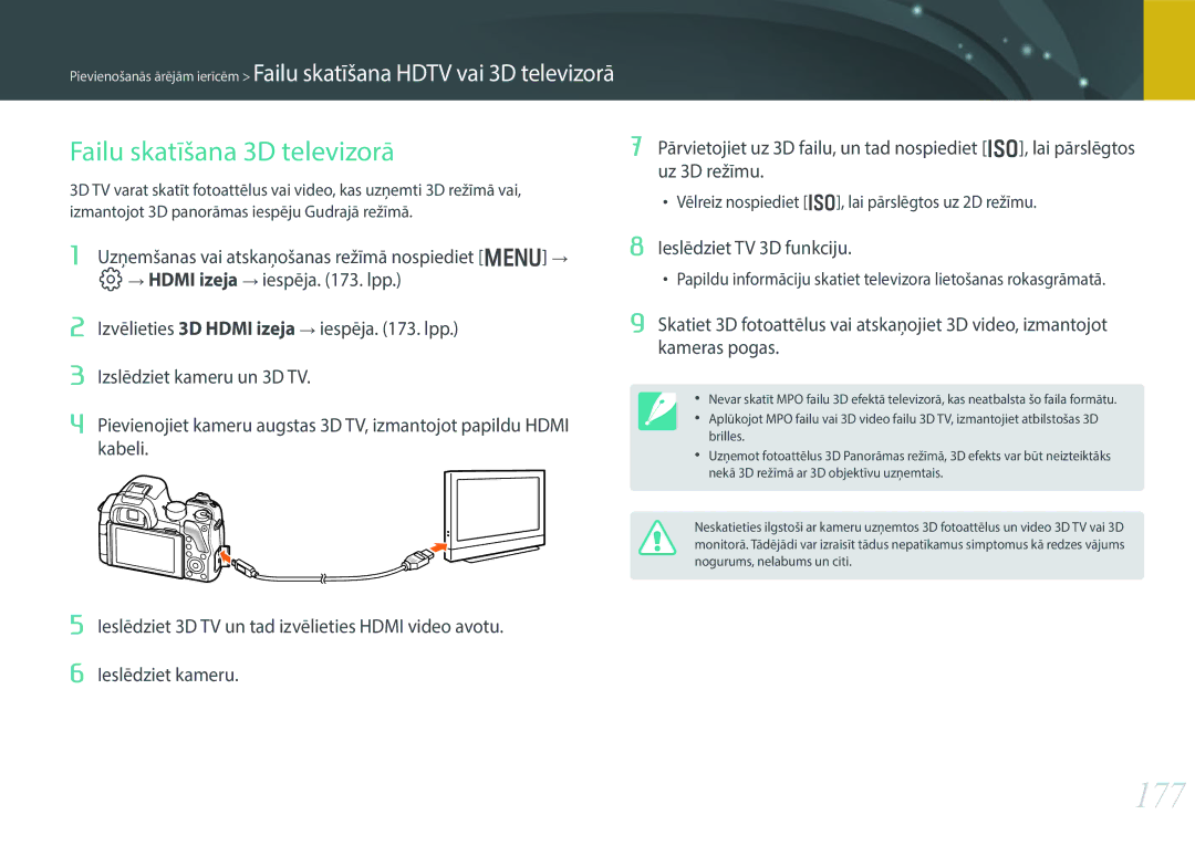 Samsung EV-NX30ZZBGBLV manual 177, Failu skatīšana 3D televizorā, Ieslēdziet TV 3D funkciju 