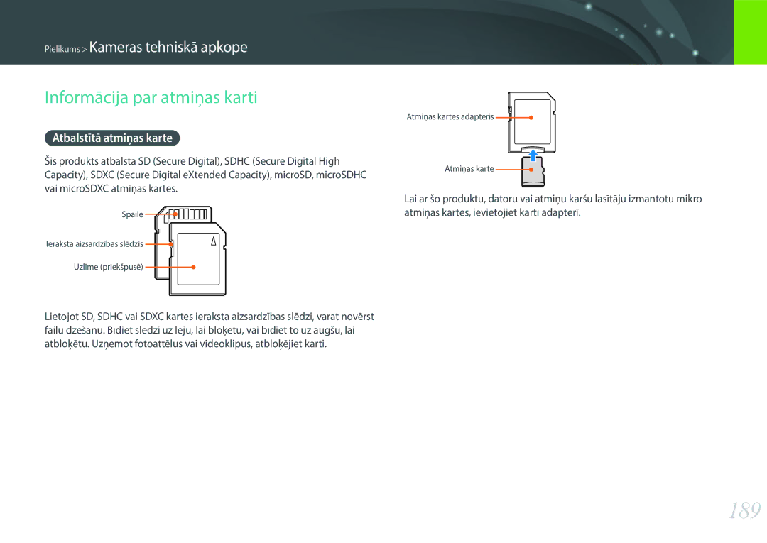 Samsung EV-NX30ZZBGBLV manual 189, Informācija par atmiņas karti, Atbalstītā atmiņas karte 