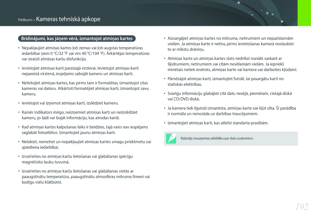 Samsung EV-NX30ZZBGBLV manual 192, Brīdinājumi, kas jāņem vērā, izmantojot atmiņas kartes 