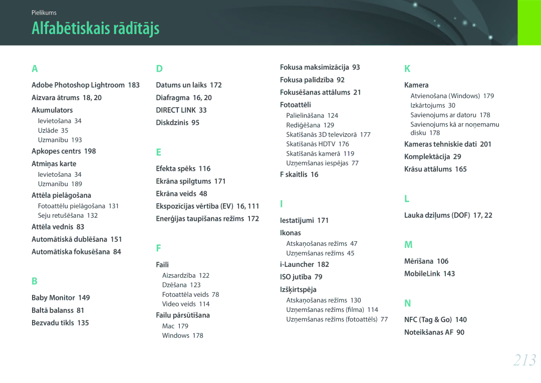 Samsung EV-NX30ZZBGBLV manual Alfabētiskais rādītājs, 213, Adobe Photoshop Lightroom, Kameras tehniskie dati 