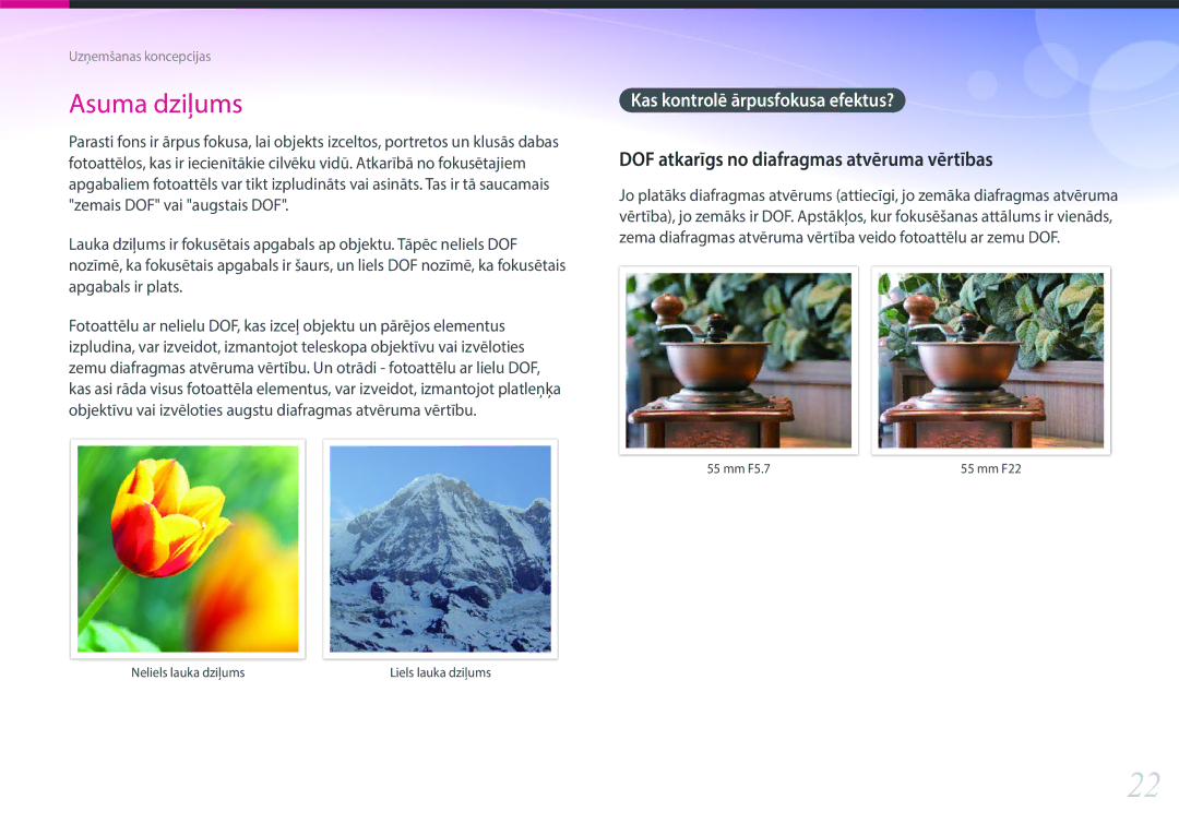 Samsung EV-NX30ZZBGBLV manual DOF atkarīgs no diafragmas atvēruma vērtības, Kas kontrolē ārpusfokusa efektus? 