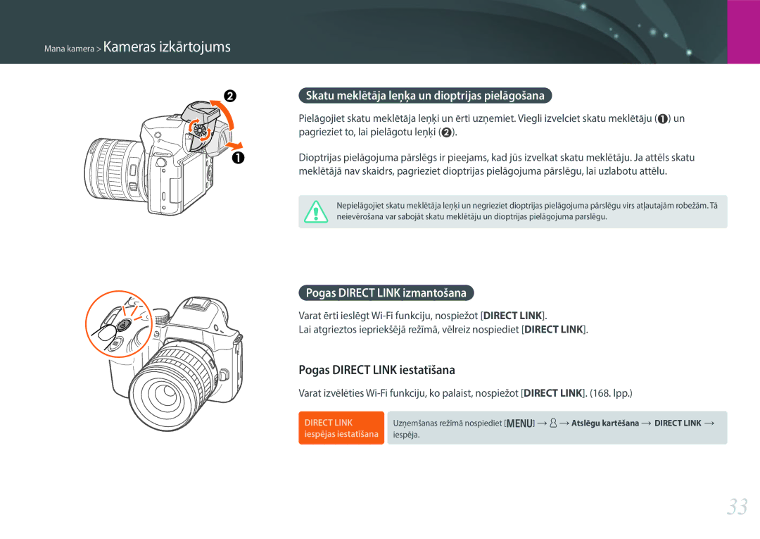 Samsung EV-NX30ZZBGBLV manual Pogas Direct Link iestatīšana, Skatu meklētāja leņķa un dioptrijas pielāgošana 