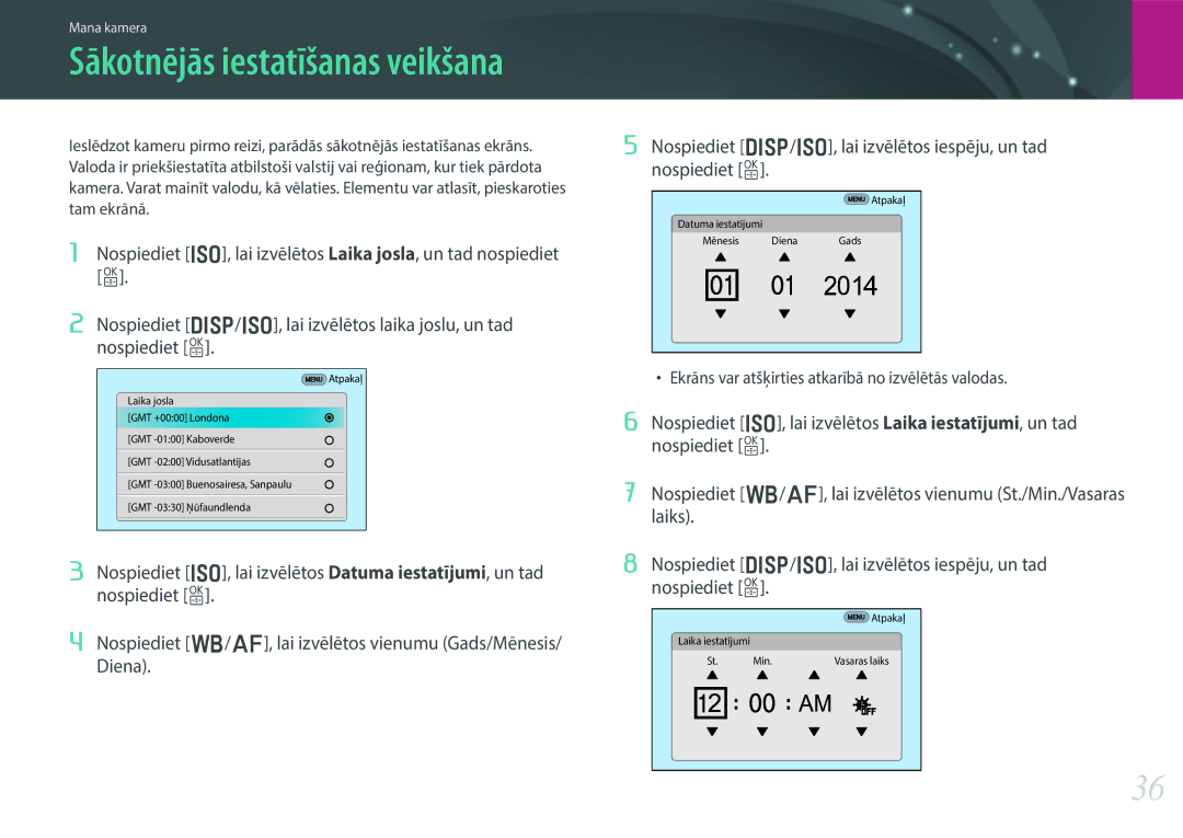 Samsung EV-NX30ZZBGBLV manual Sākotnējās iestatīšanas veikšana 