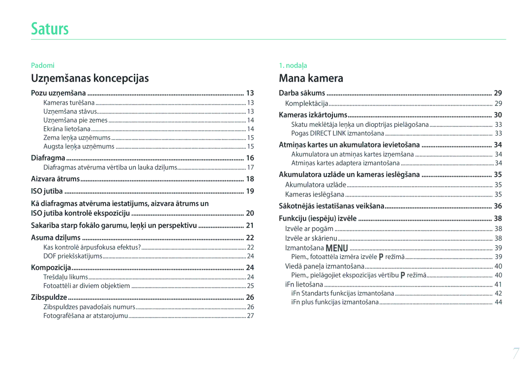 Samsung EV-NX30ZZBGBLV manual Saturs, Uzņemšanas koncepcijas 