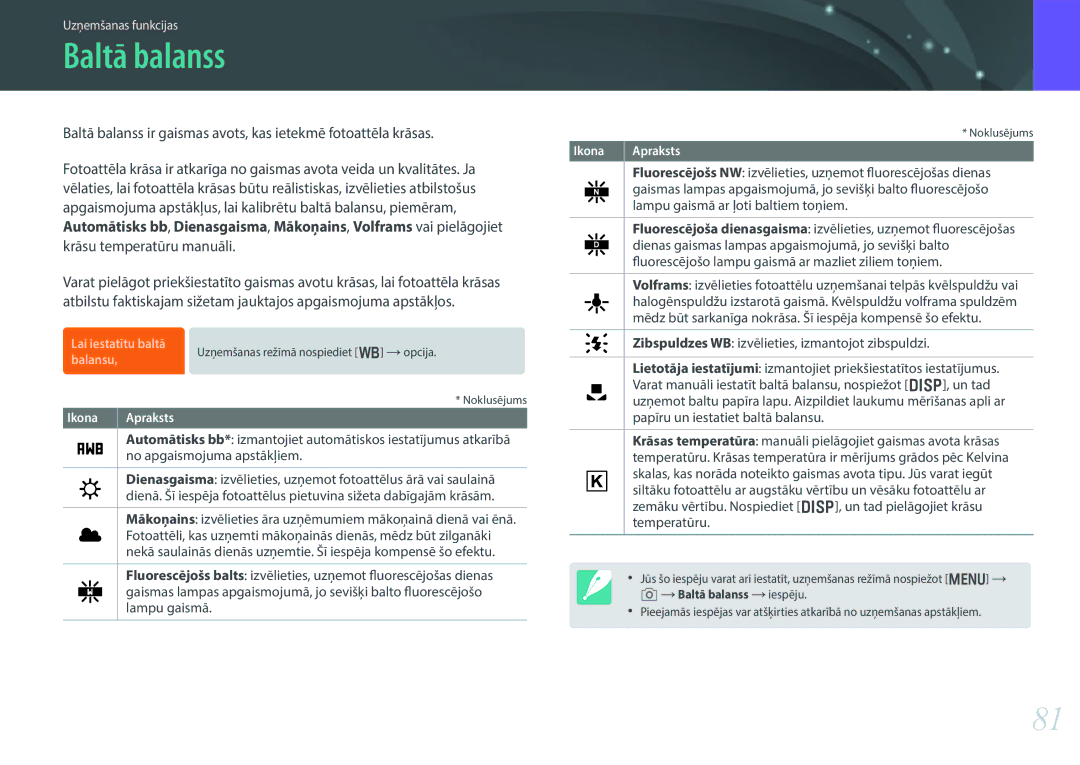 Samsung EV-NX30ZZBGBLV manual Baltā balanss 