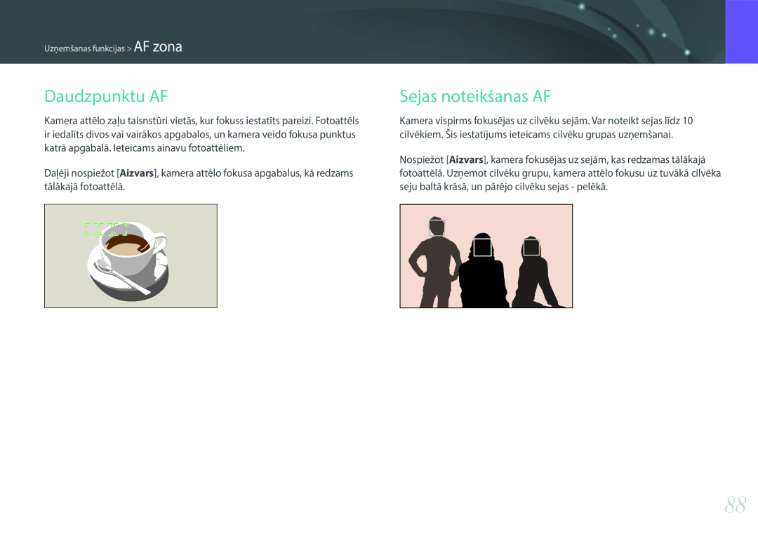 Samsung EV-NX30ZZBGBLV manual Daudzpunktu AF, Sejas noteikšanas AF 