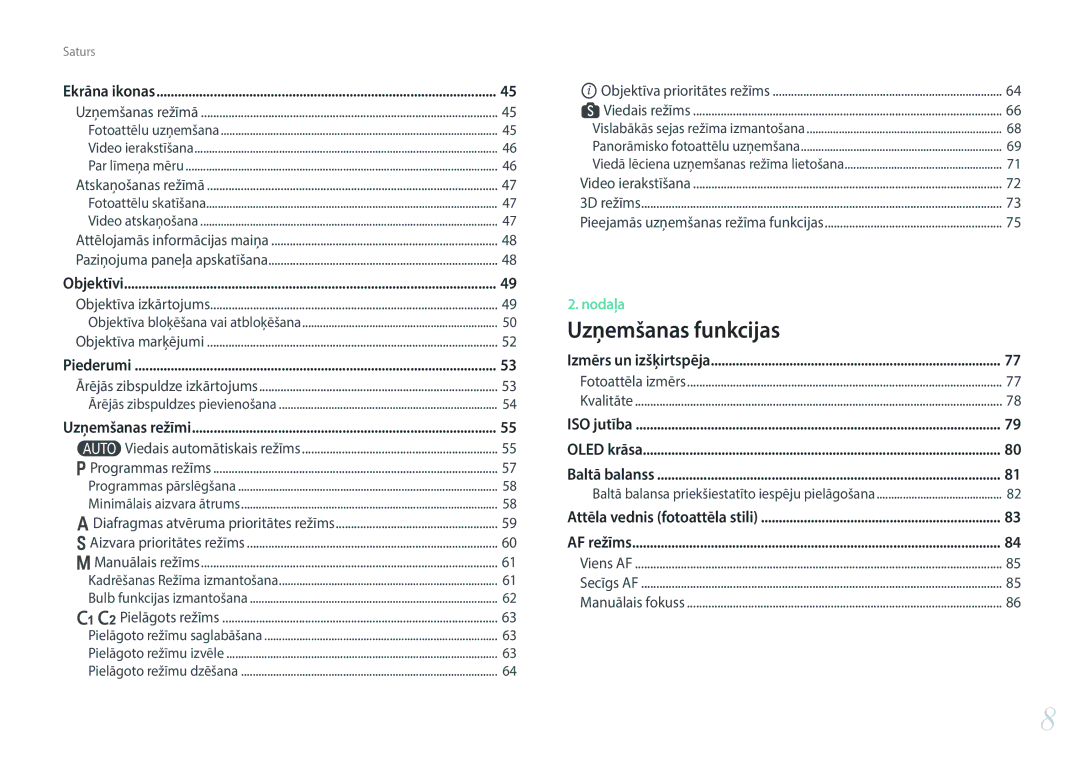 Samsung EV-NX30ZZBGBLV manual Uzņemšanas funkcijas 