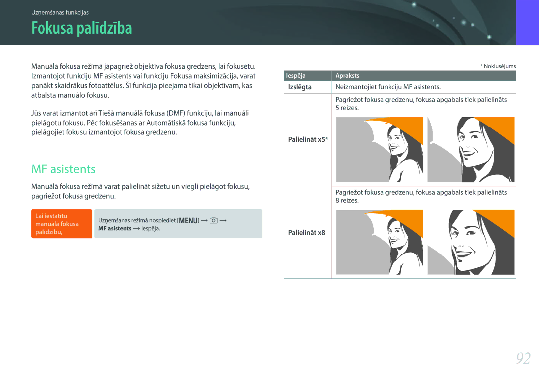 Samsung EV-NX30ZZBGBLV manual Fokusa palīdzība, MF asistents, Palielināt 