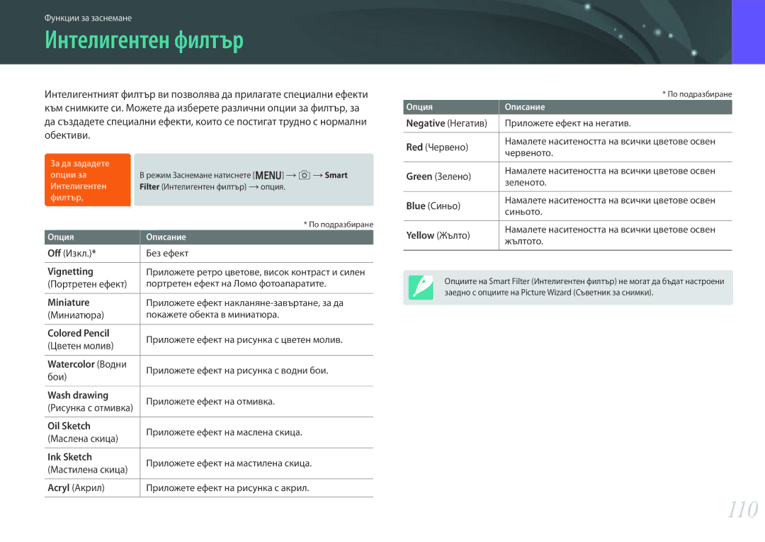 Samsung EV-NX30ZZBGBRO manual Интелигентен филтър, 110 