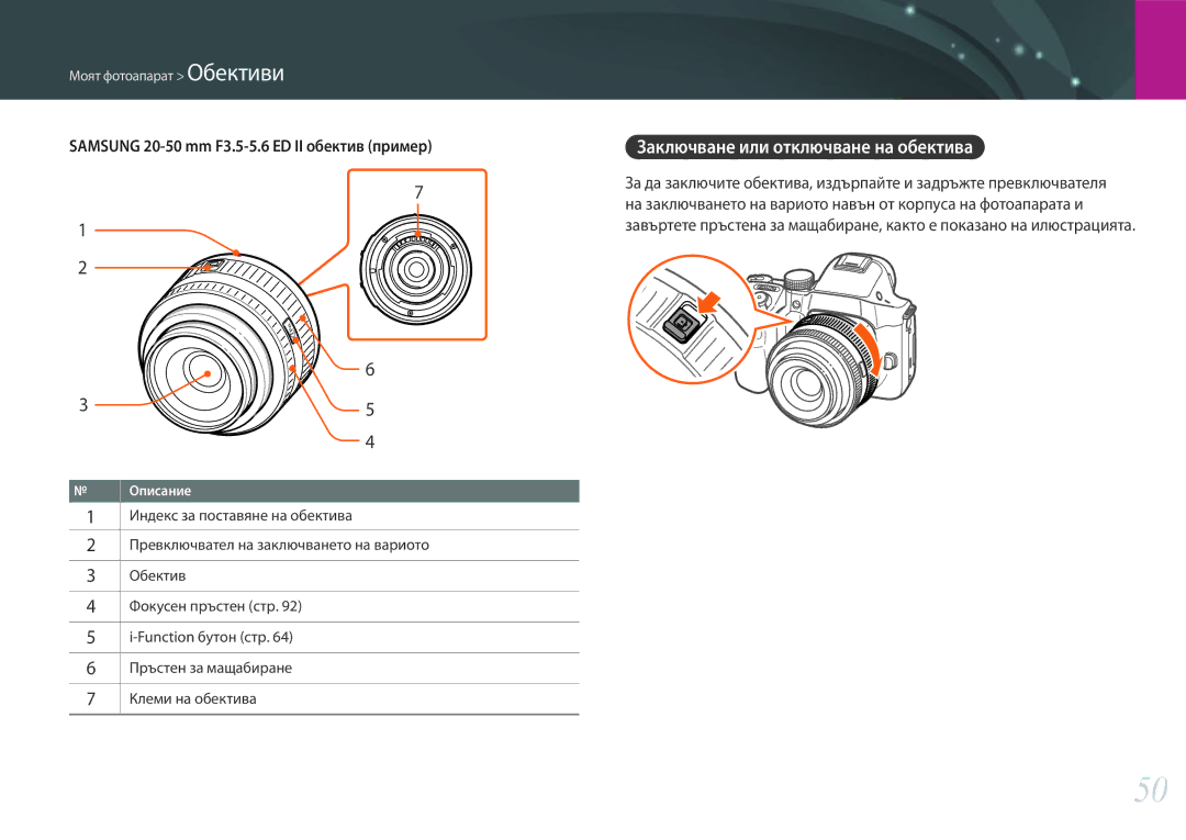 Samsung EV-NX30ZZBGBRO manual Заключване или отключване на обектива, Samsung 20-50 mm F3.5-5.6 ED II обектив пример 