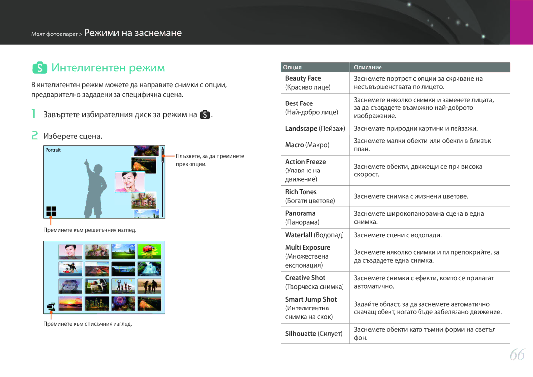 Samsung EV-NX30ZZBGBRO manual SИнтелигентен режим, Завъртете избирателния диск за режим на s Изберете сцена 