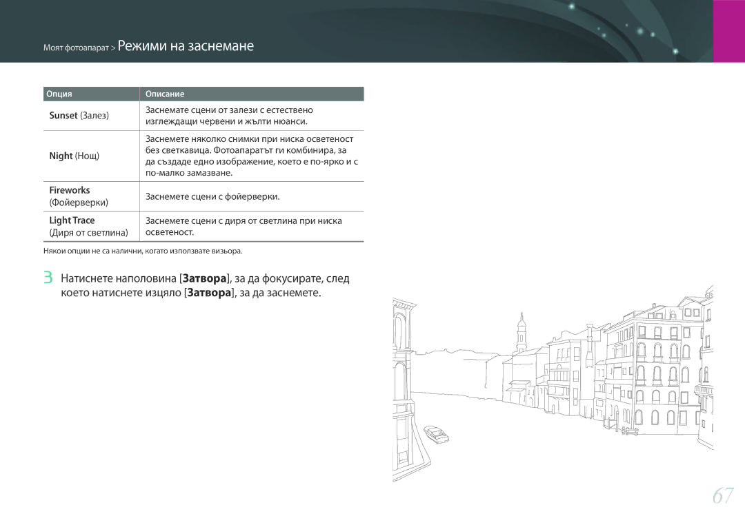 Samsung EV-NX30ZZBGBRO manual Sunset Залез, Night Нощ, Fireworks, Light Trace 