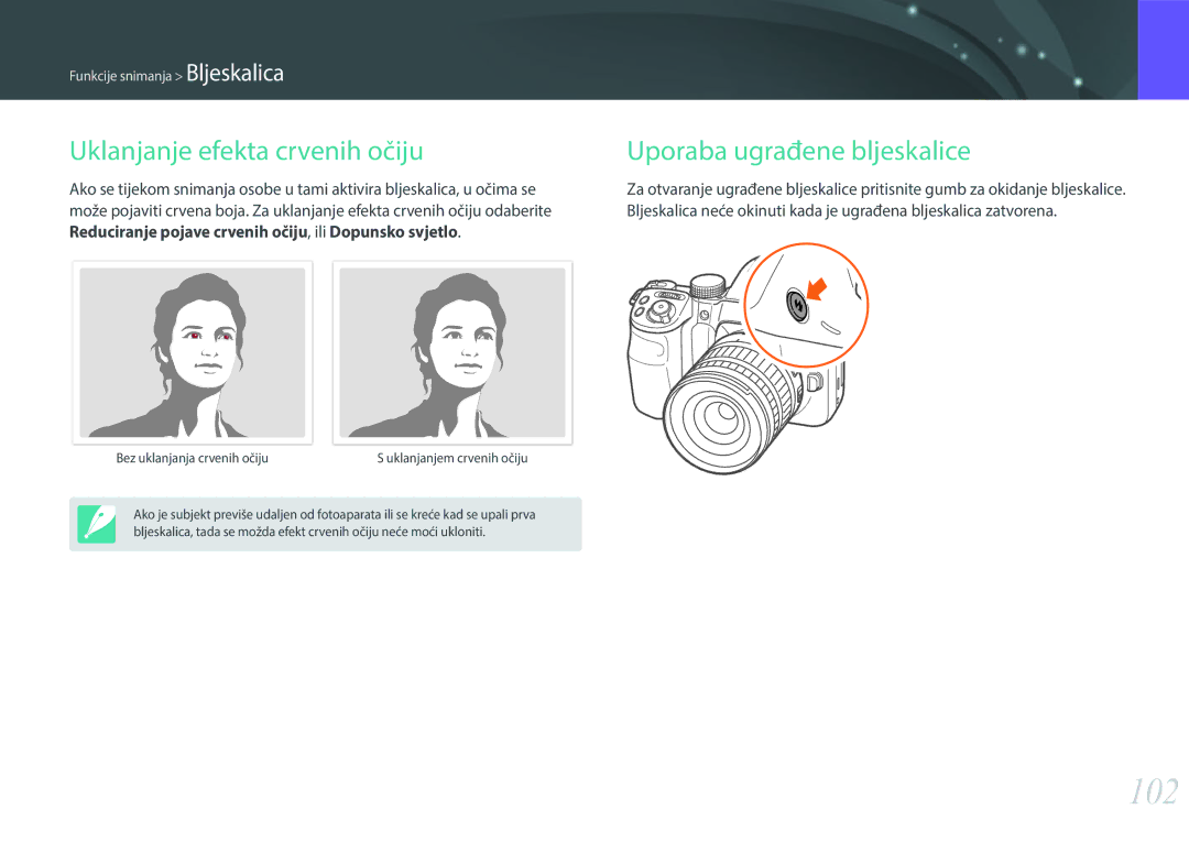 Samsung EV-NX30ZZBGBRS manual 102, Uklanjanje efekta crvenih očiju, Uporaba ugrađene bljeskalice 