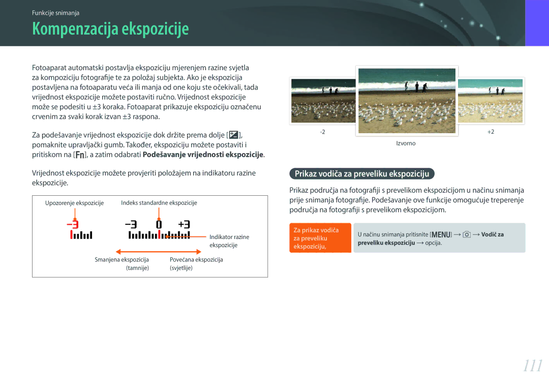 Samsung EV-NX30ZZBGBRS manual Kompenzacija ekspozicije, 111, Prikaz vodiča za preveliku ekspoziciju 