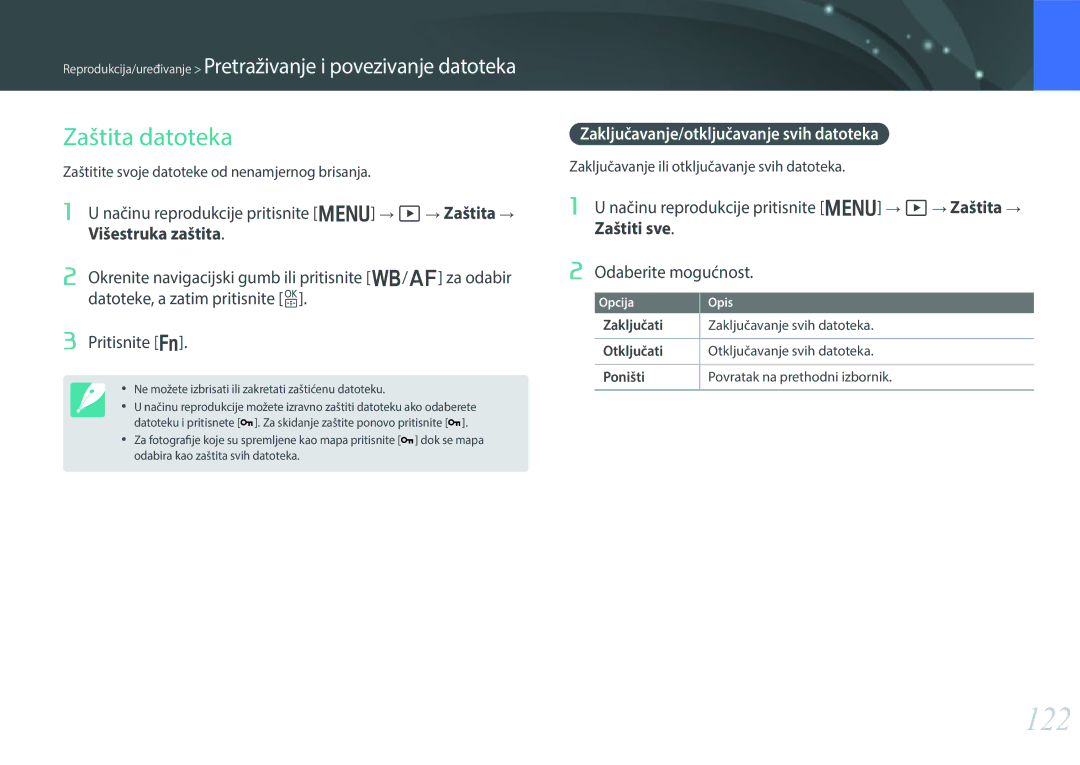 Samsung EV-NX30ZZBGBRS manual 122, Zaštita datoteka, Načinu reprodukcije pritisnite m z Zaštita 