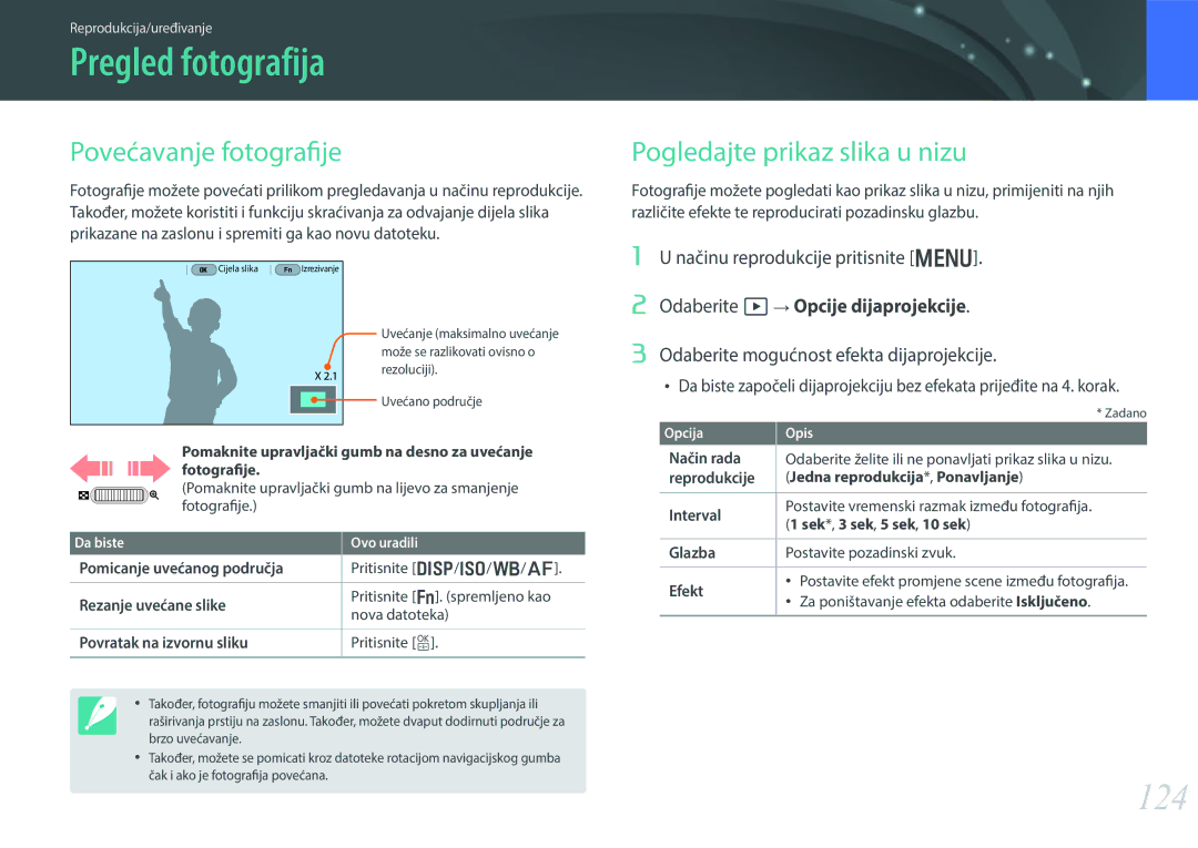 Samsung EV-NX30ZZBGBRS manual Pregled fotografija, 124, Povećavanje fotografije, Pogledajte prikaz slika u nizu 