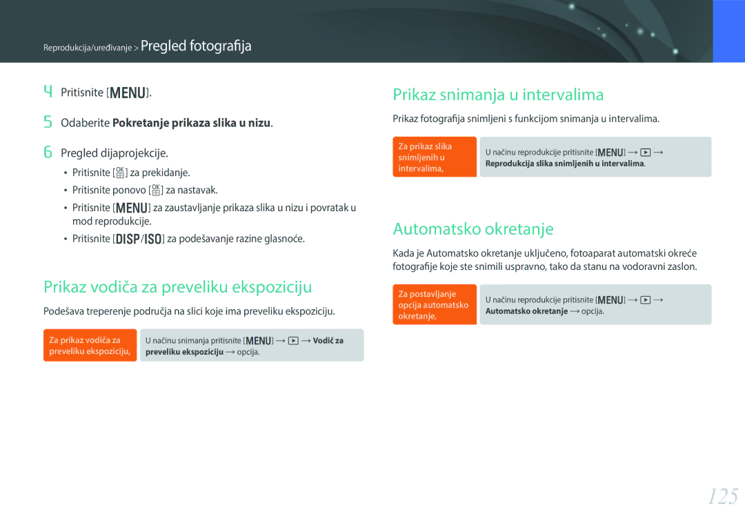 Samsung EV-NX30ZZBGBRS 125, Prikaz vodiča za preveliku ekspoziciju, Prikaz snimanja u intervalima, Automatsko okretanje 