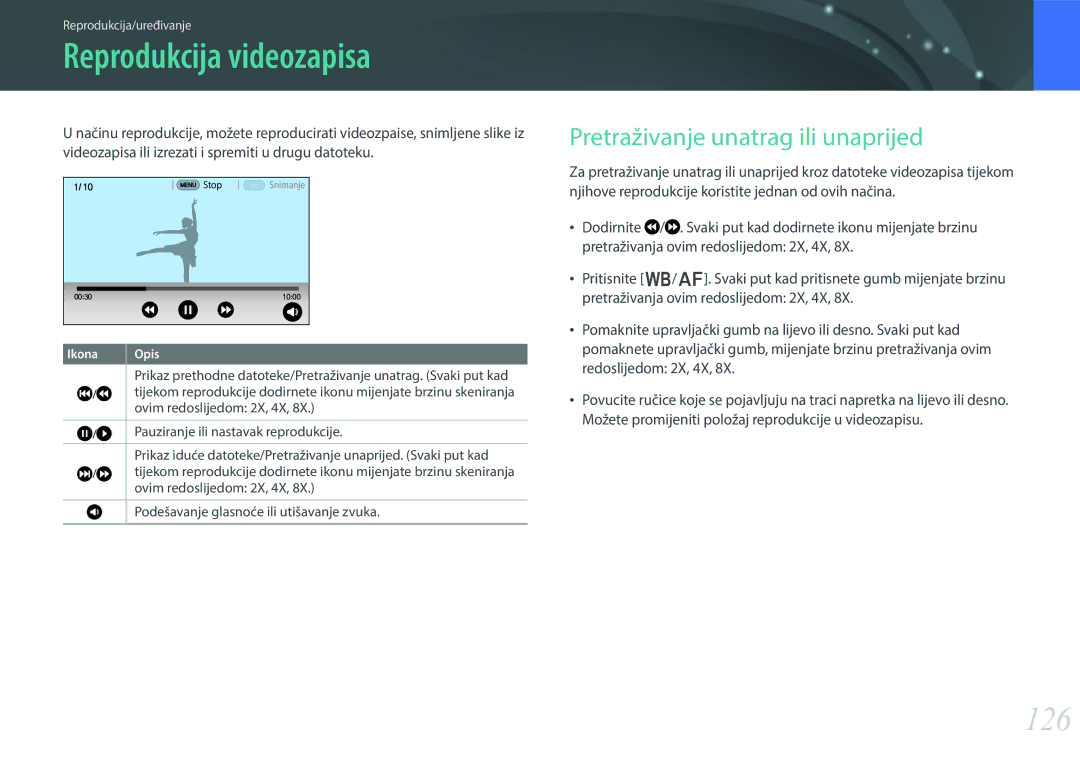 Samsung EV-NX30ZZBGBRS manual Reprodukcija videozapisa, 126, Pretraživanje unatrag ili unaprijed 