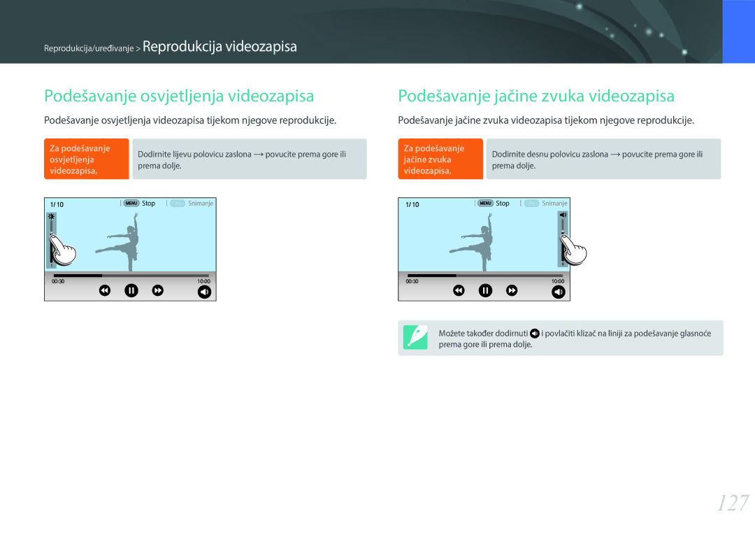 Samsung EV-NX30ZZBGBRS manual 127, Podešavanje osvjetljenja videozapisa, Podešavanje jačine zvuka videozapisa 