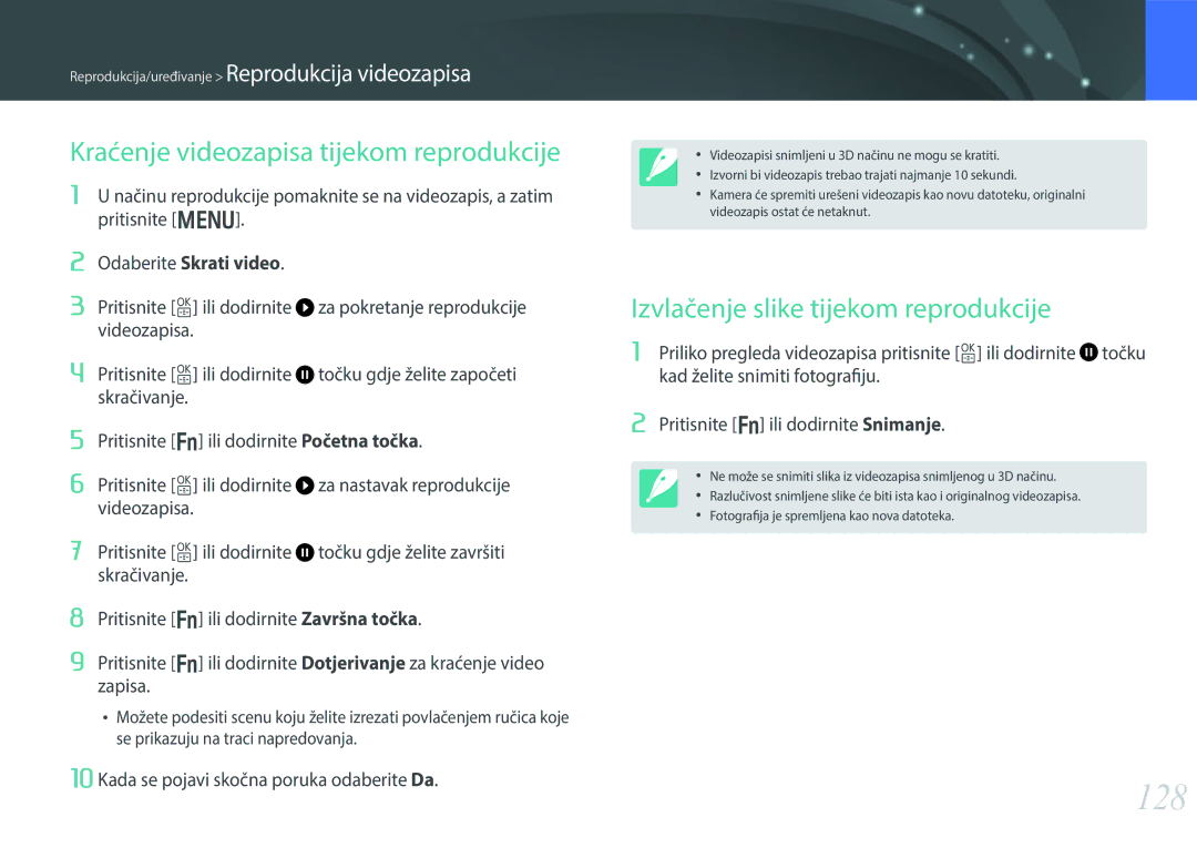 Samsung EV-NX30ZZBGBRS manual 128, Kraćenje videozapisa tijekom reprodukcije, Izvlačenje slike tijekom reprodukcije 