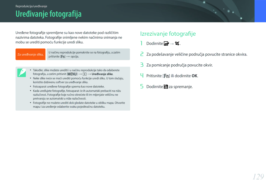 Samsung EV-NX30ZZBGBRS manual Uređivanje fotografija, 129, Izrezivanje fotografije 