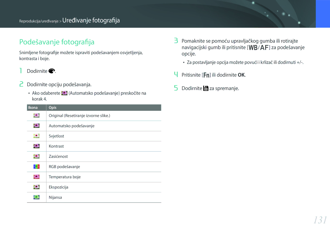 Samsung EV-NX30ZZBGBRS manual 131, Dodirnite Dodirnite opciju podešavanja 