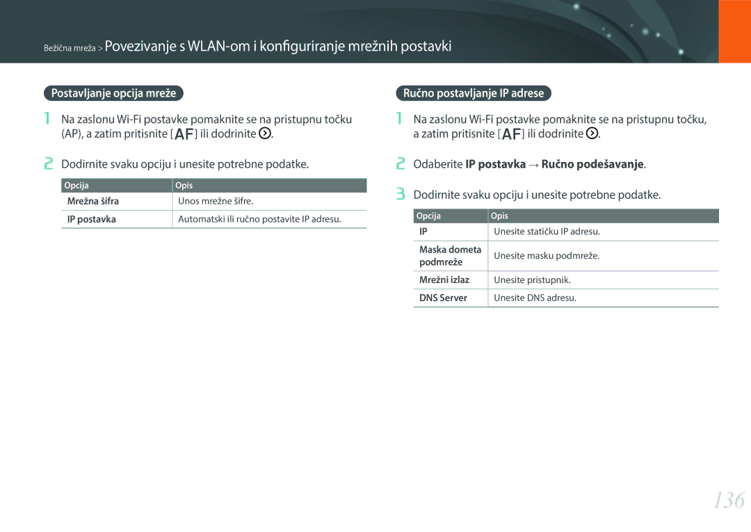Samsung EV-NX30ZZBGBRS manual 136, Postavljanje opcija mreže, Ručno postavljanje IP adrese 
