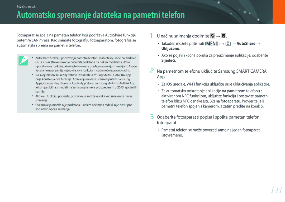 Samsung EV-NX30ZZBGBRS manual Automatsko spremanje datoteka na pametni telefon, 141, Načinu snimanja dodirnite 