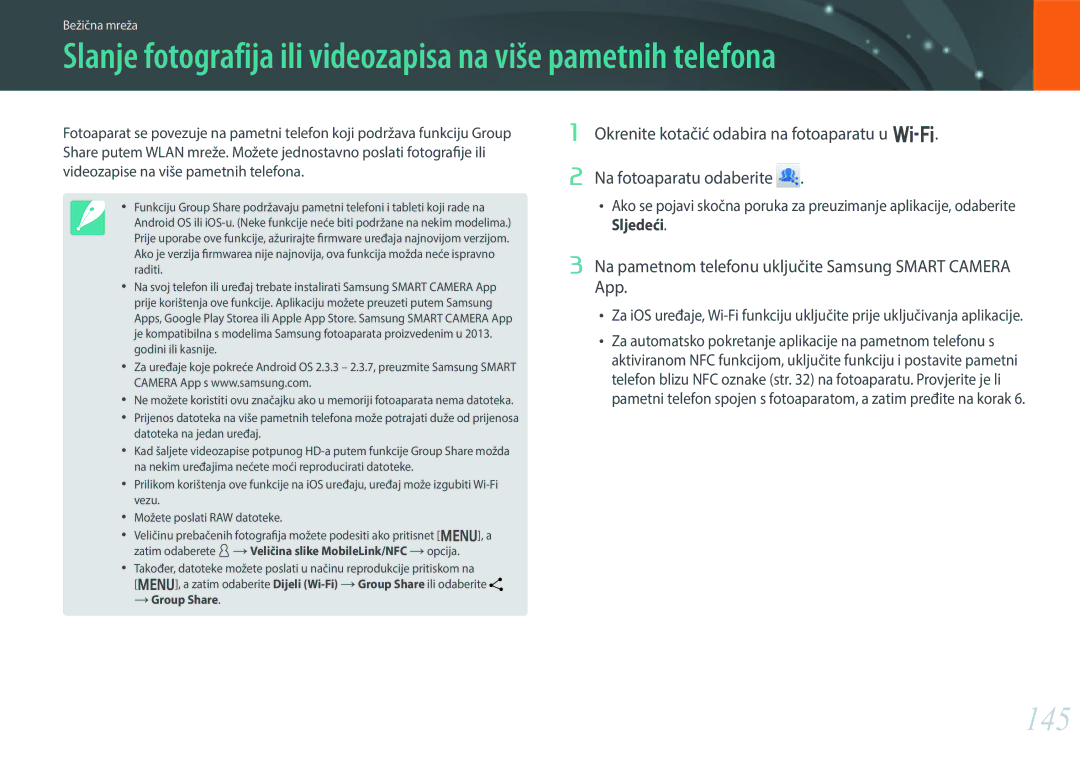 Samsung EV-NX30ZZBGBRS manual Slanje fotografija ili videozapisa na više pametnih telefona, 145 