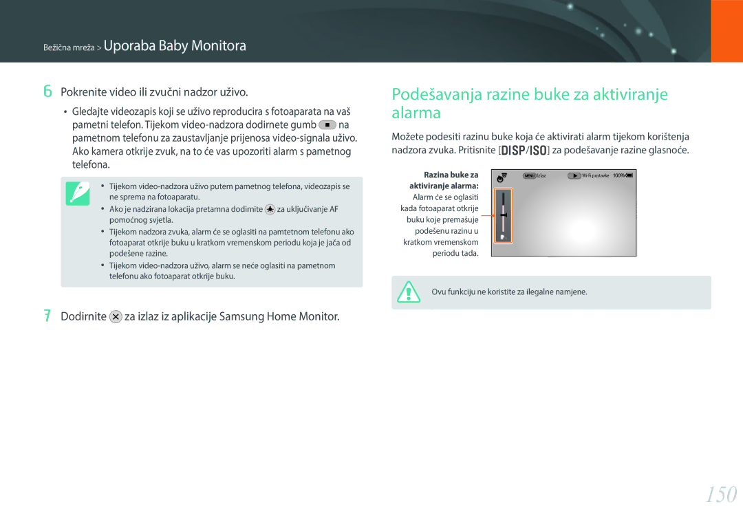 Samsung EV-NX30ZZBGBRS manual 150, Podešavanja razine buke za aktiviranje alarma, Pokrenite video ili zvučni nadzor uživo 