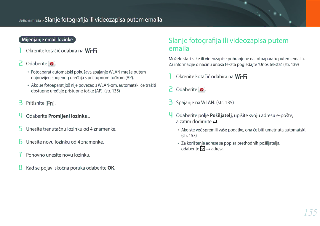 Samsung EV-NX30ZZBGBRS manual 155, Slanje fotografija ili videozapisa putem emaila, Mijenjanje email lozinke 