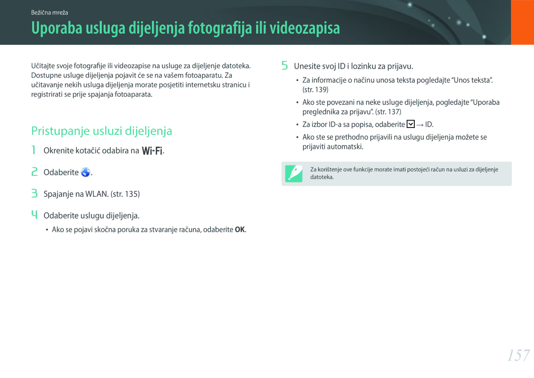 Samsung EV-NX30ZZBGBRS manual Uporaba usluga dijeljenja fotografija ili videozapisa, 157, Pristupanje usluzi dijeljenja 