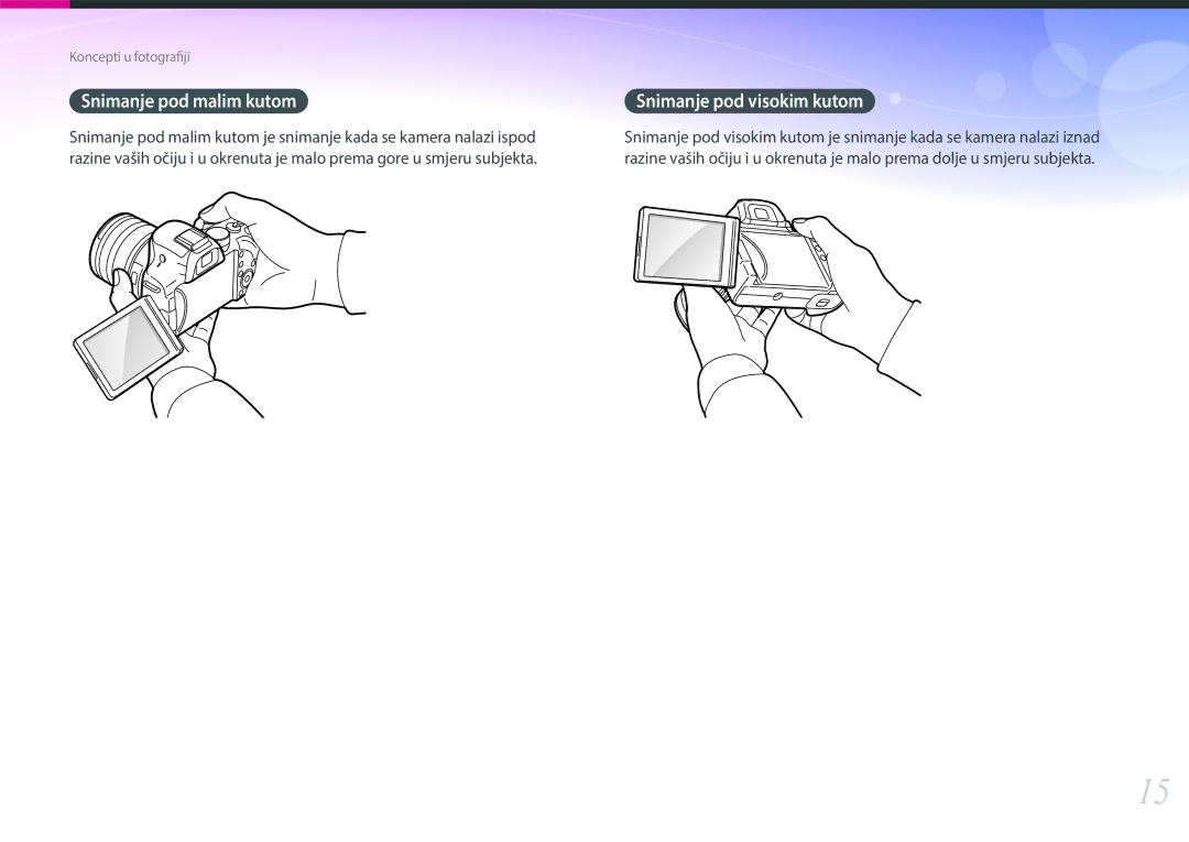 Samsung EV-NX30ZZBGBRS manual Snimanje pod malim kutom, Snimanje pod visokim kutom 