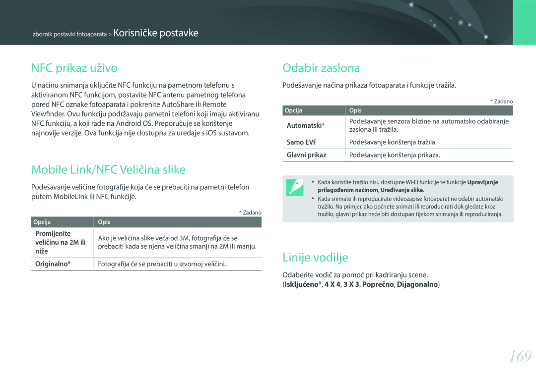 Samsung EV-NX30ZZBGBRS manual 169, NFC prikaz uživo, Mobile Link/NFC Veličina slike, Odabir zaslona, Linije vodilje 