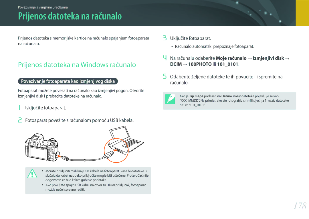 Samsung EV-NX30ZZBGBRS manual 178, Prijenos datoteka na Windows računalo, Povezivanje fotoaparata kao izmjenjivog diska 