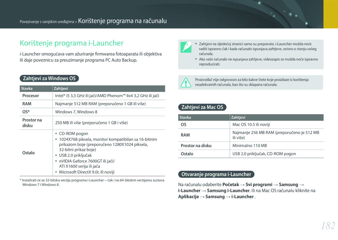 Samsung EV-NX30ZZBGBRS manual 182, Korištenje programa i-Launcher, Zahtjevi za Windows OS, Zahtjevi za Mac OS 