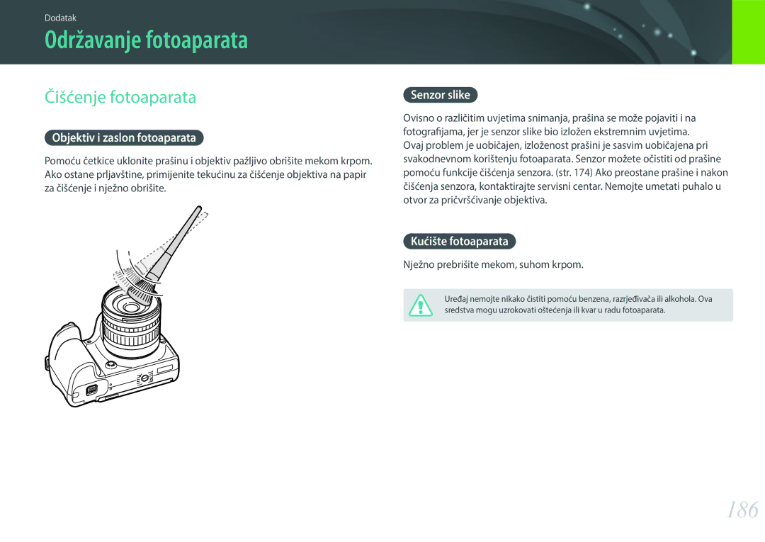 Samsung EV-NX30ZZBGBRS manual Održavanje fotoaparata, 186, Čišćenje fotoaparata 