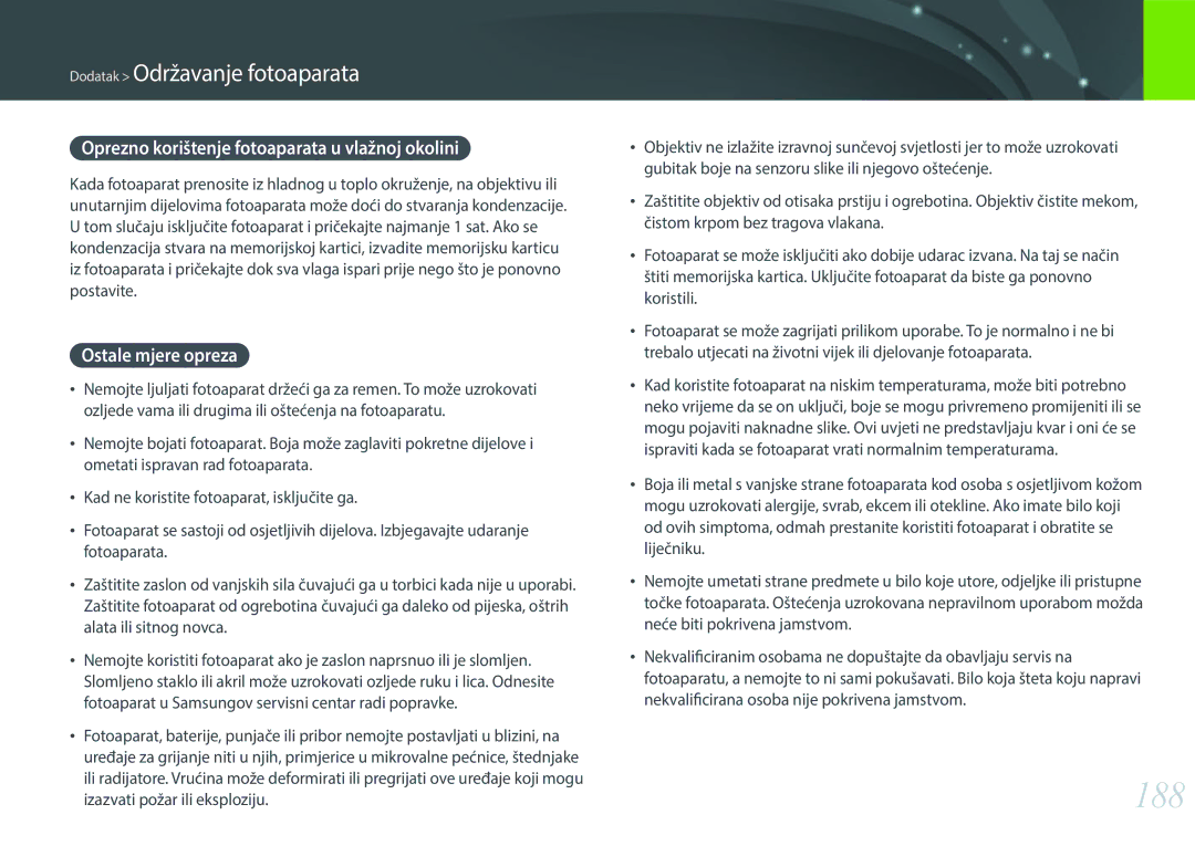 Samsung EV-NX30ZZBGBRS manual 188, Oprezno korištenje fotoaparata u vlažnoj okolini, Ostale mjere opreza 