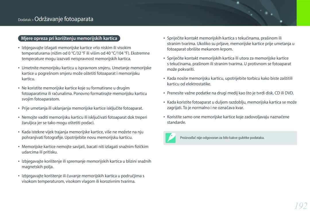 Samsung EV-NX30ZZBGBRS manual 192, Mjere opreza pri korištenju memorijskih kartica 