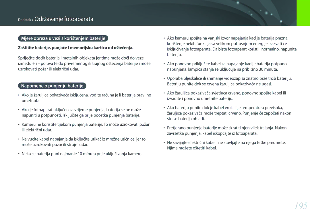 Samsung EV-NX30ZZBGBRS manual 195, Mjere opreza u vezi s korištenjem baterije 