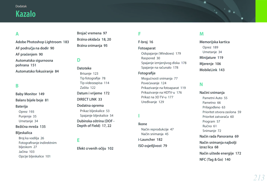 Samsung EV-NX30ZZBGBRS manual Kazalo, 213, Adobe Photoshop Lightroom 183 AF područja na dodir 