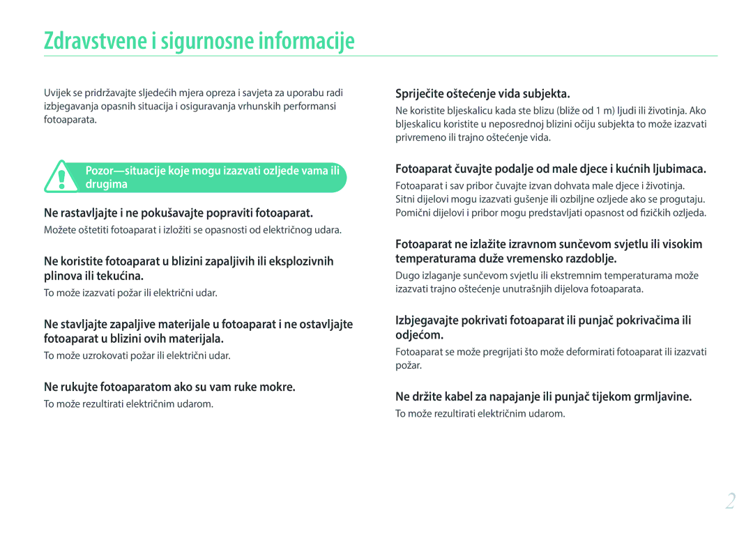 Samsung EV-NX30ZZBGBRS manual Zdravstvene i sigurnosne informacije, Ne rastavljajte i ne pokušavajte popraviti fotoaparat 