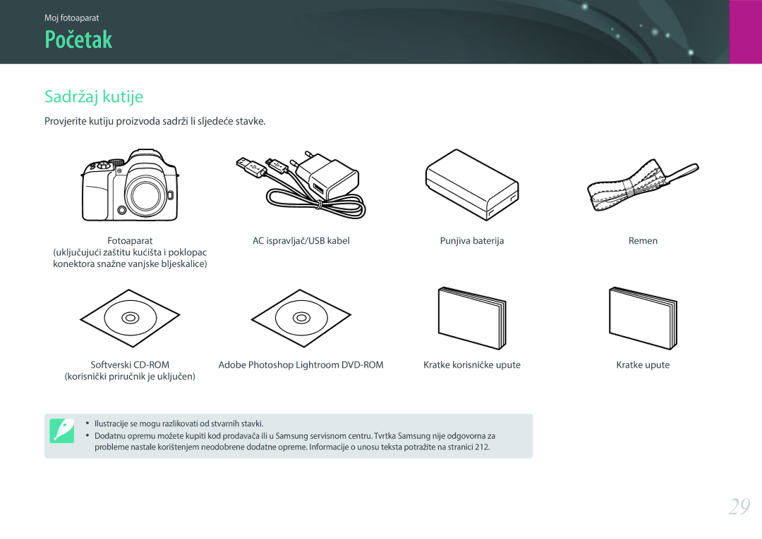 Samsung EV-NX30ZZBGBRS manual Početak, Sadržaj kutije, Provjerite kutiju proizvoda sadrži li sljedeće stavke 