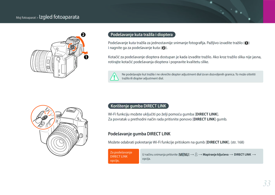 Samsung EV-NX30ZZBGBRS Podešavanje gumba Direct Link, Podešavanje kuta tražila i dioptera, Korištenje gumba Direct Link 