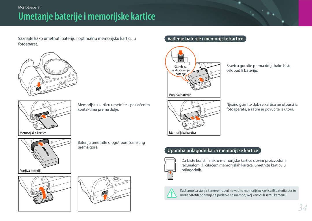 Samsung EV-NX30ZZBGBRS manual Vađenje baterije i memorijske kartice, Uporaba prilagodnika za memorijske kartice 