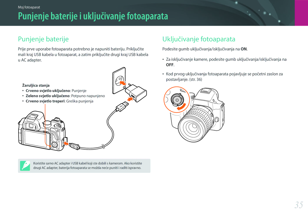 Samsung EV-NX30ZZBGBRS manual Punjenje baterije i uključivanje fotoaparata, Uključivanje fotoaparata 